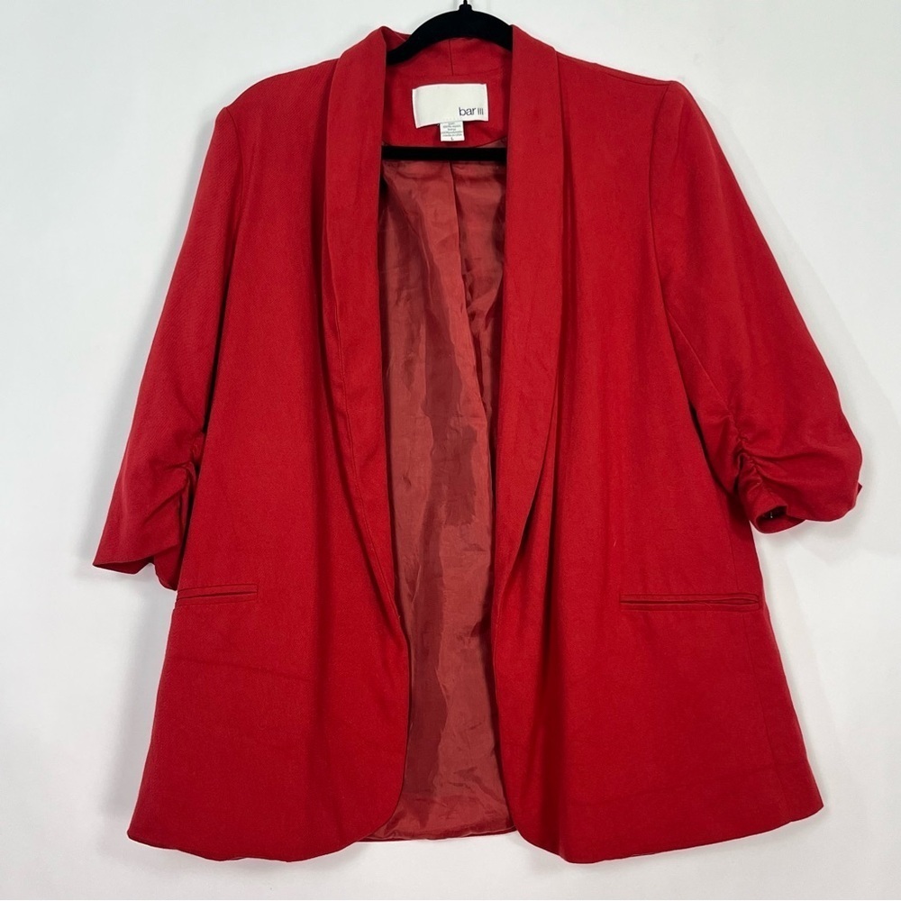 Nordstrom Bar III Three Red Open Front Blazer 3/4 Gathered Sleeves Sz Large